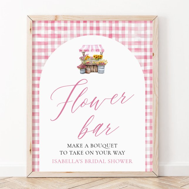 Poster Sinal de Barra de Flores Xadrez Rosa Fresh Off The (Pink Gingham Fresh Off The Market Flower Bar Sign)