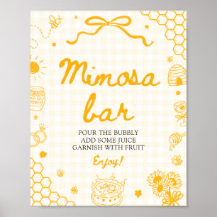 Poster Sinal de barra de Mimosa com Abelha Mel em Xadrez