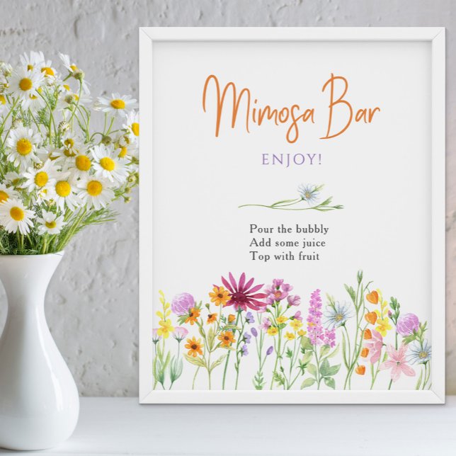 Poster Sinal de barra de Mimosa para chá de panela de noi (Mimosa Bar floral bridal shower sign from my Wildflower Meadow collection)