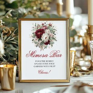 Poster Sinal de Barra Mimosa Floral Borgonha Blush Chic