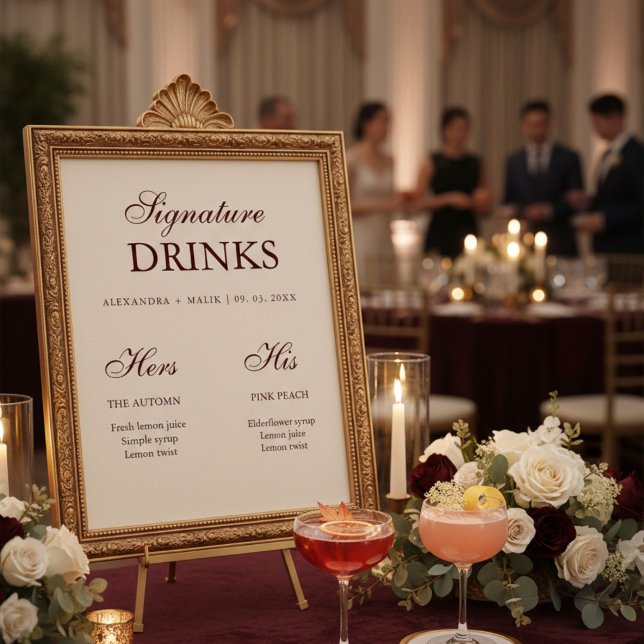 Poster Sinal de bebida assinatura Borgonha para casamento (Criador carregado)