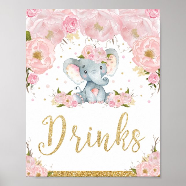 Poster Sinal de Bebida Chá de Bebê Elefante Floral Rosa D (Frente)