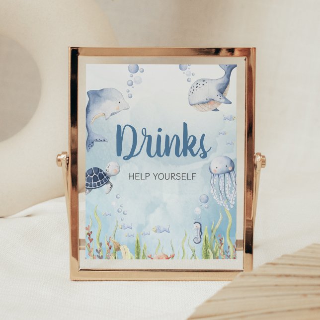 Poster Sinal de Bebida para Chá de Bebê Azul Sob o Mar (Under the Sea Baby Shower Sign)