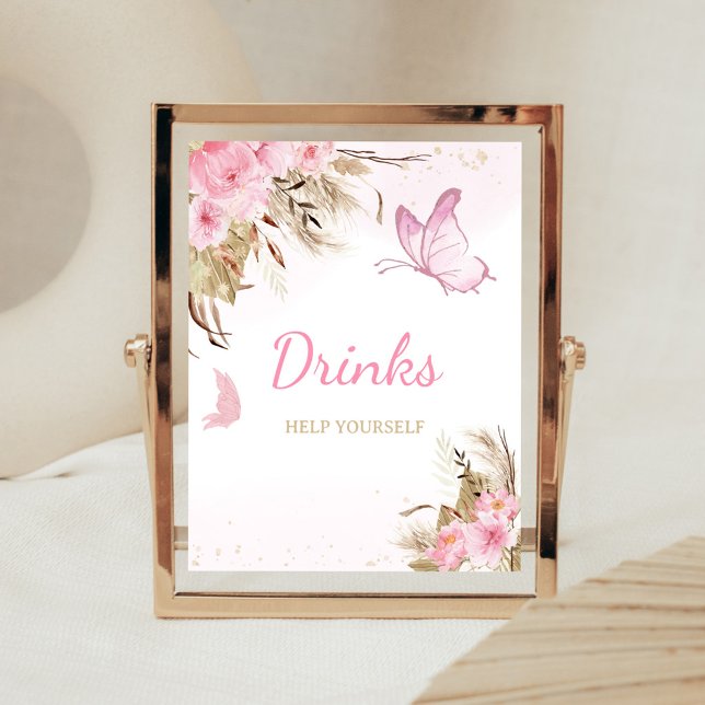 Poster Sinal de Bebida para Chá de Bebê Flor de Borboleta (Pink Butterfly Baby Shower Drinks Sign)