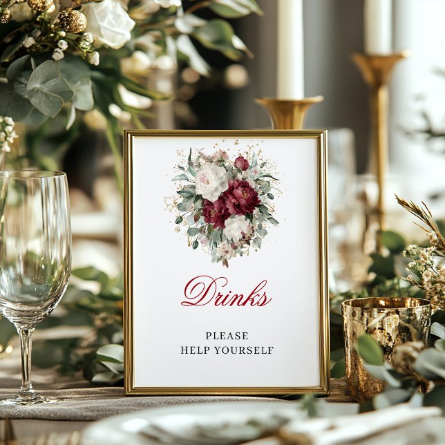 Poster Sinal de Bebidas Burgundy Blush Moderno com Folhag (Modern Blush Burgundy Drinks Sign with Greenery)