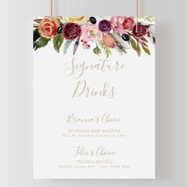 Poster Sinal de Bebidas com Assinatura Boho Tropical Pena