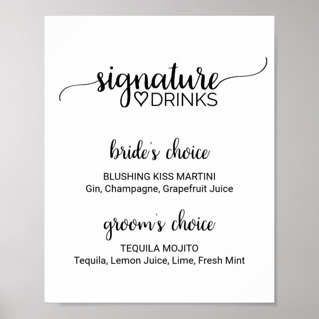 Poster Sinal de bebidas com assinatura de caligrafia pret (Frente)