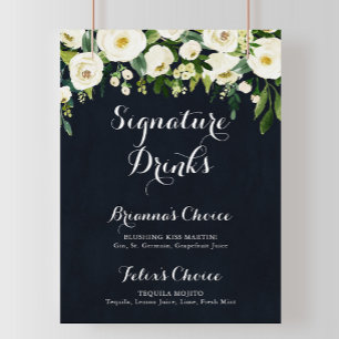 Poster Sinal de Bebidas com Assinatura Floral Azul Branco