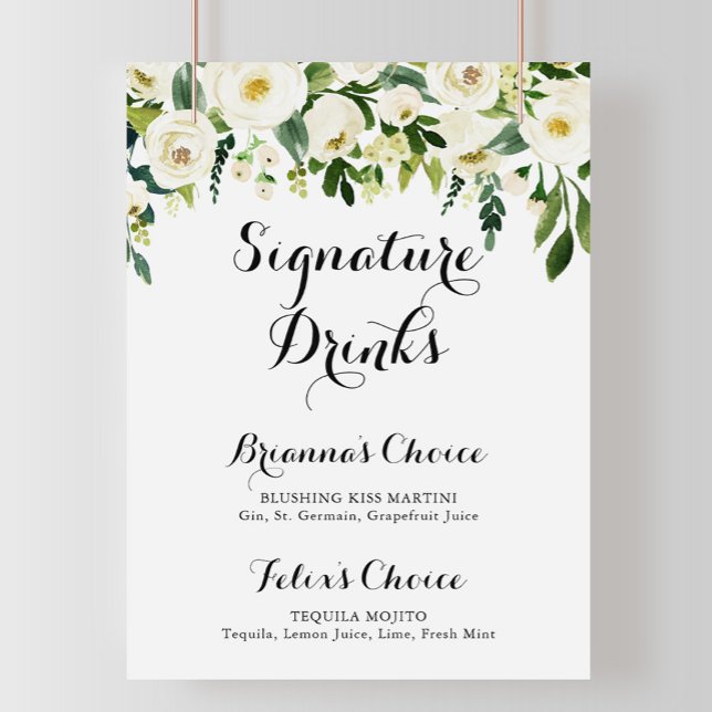 Poster Sinal de Bebidas com Assinatura Floral Branco Verd (Criador carregado)