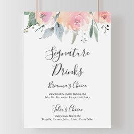 Poster Sinal de Bebidas com Assinatura Floral Rosa Elegan