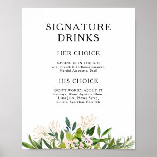 Poster Sinal de Bebidas com Elegante Folhagem de Oliva