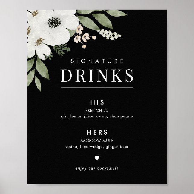 Poster Sinal de Bebidas de Assinatura de Casamento Botâni (Frente)