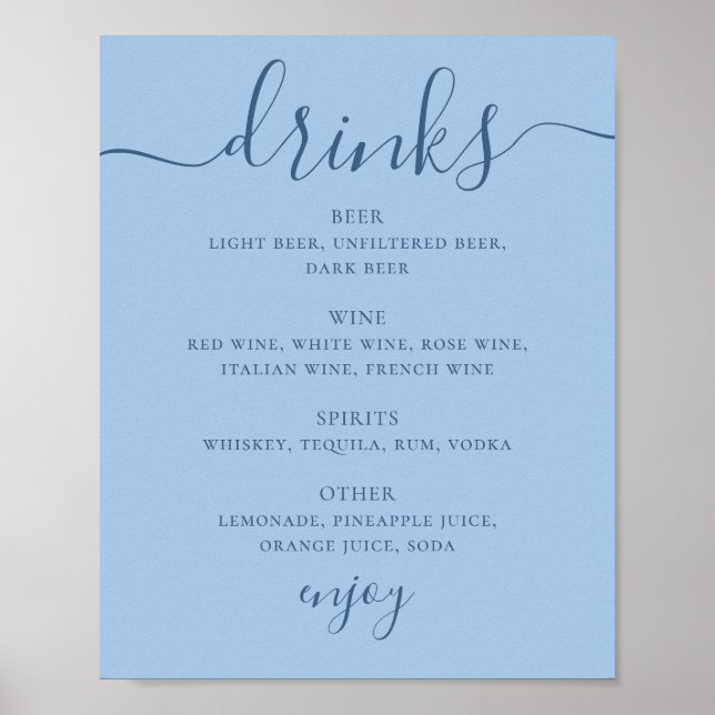 Poster Sinal de Bebidas de Bar de Casamento Moderno Azul  (Frente)