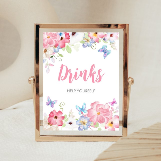 Poster Sinal de Bebidas de Chuve de Bebê Floral Borboleta (Butterflies Baby Shower Drinks Sign)