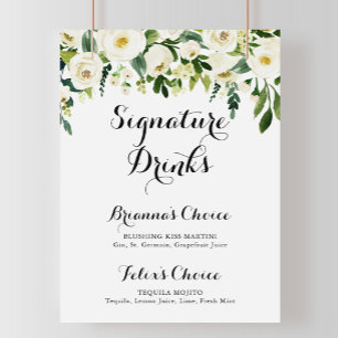 Poster Sinal de Bebidas Florais Brancas de Verde Outono