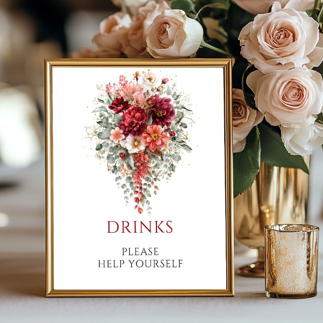 Poster Sinal de Bebidas Florais Outono Marrom Eucalipto (Maroon Autumn Floral Drinks Eucalyptus Sign

)