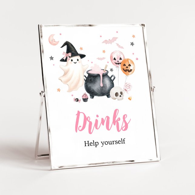 Poster Sinal de Bebidas Little Boo Fantasma Rosa (Girl Little Boo Baby Shower Drinks Sign)