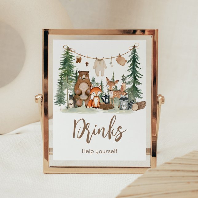Poster Sinal de Bebidas para Chá de Bebê de Animais da Fl (Woodland Animals Adventure Awaits Rustic Baby Shower Sign)
