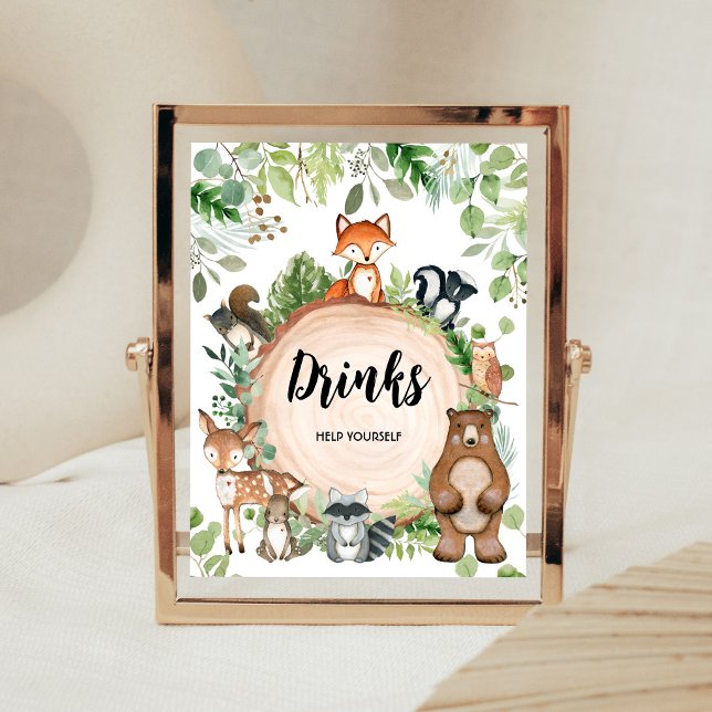 Poster Sinal de Bebidas para Chá de Bebê de Animais da Fl (Wood Slice Woodland Baby Shower Drinks Sign)