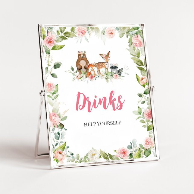 Poster Sinal de Bebidas para Chá de Bebê Floresta Floral (Girl Woodland Animals Baby Shower Drinks Sign)