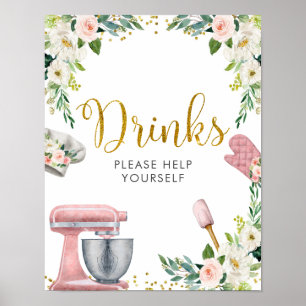 Poster Sinal de Bebidas para Chá de Noiva Floral Kitchen