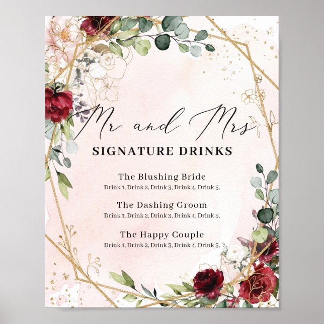 Poster sinal de bebidas para mr e mrs do casamento Rosa v (Frente)