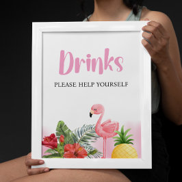 Poster Sinal de Bebidas Rosa Tropicais Flamingo