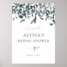 Poster Sinal de Bem-Vindo para Chá de Noiva Floral Azul
