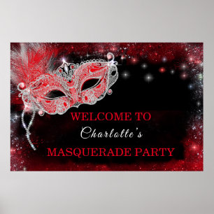 Poster Sinal de Boas-Vindas à Festa de Mascarada Preto e