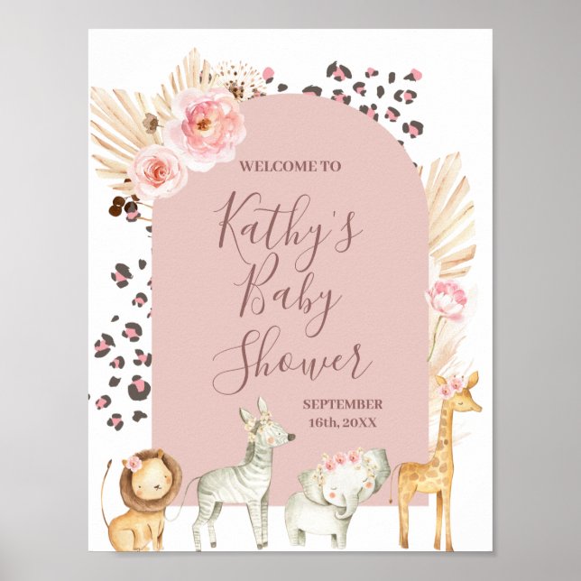 Poster Sinal de boas-vindas Animais Safari Boho Pampas Gr (Frente)