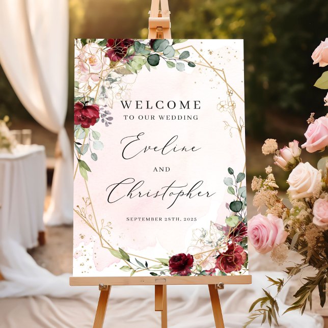 Poster Sinal de boas-vindas ao casamento floral Blush bur (Modern blush burgundy floral gold frame boho wedding welcome sign poster)