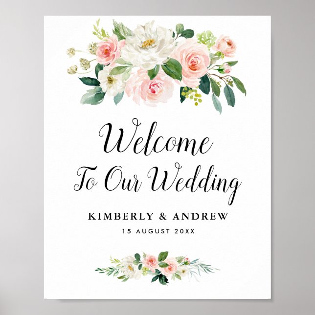 Poster sinal de boas-vindas ao casamento floral rosa-pinc (Frente)