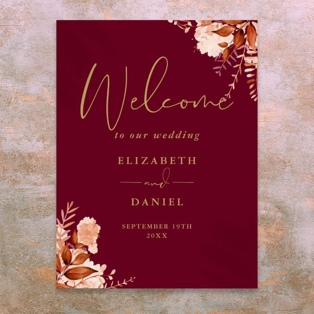 Poster Sinal de Boas-vindas ao Casamento Floral Russo Dou (Burgundy Gold Rustic Floral Wedding Welcome Sign)