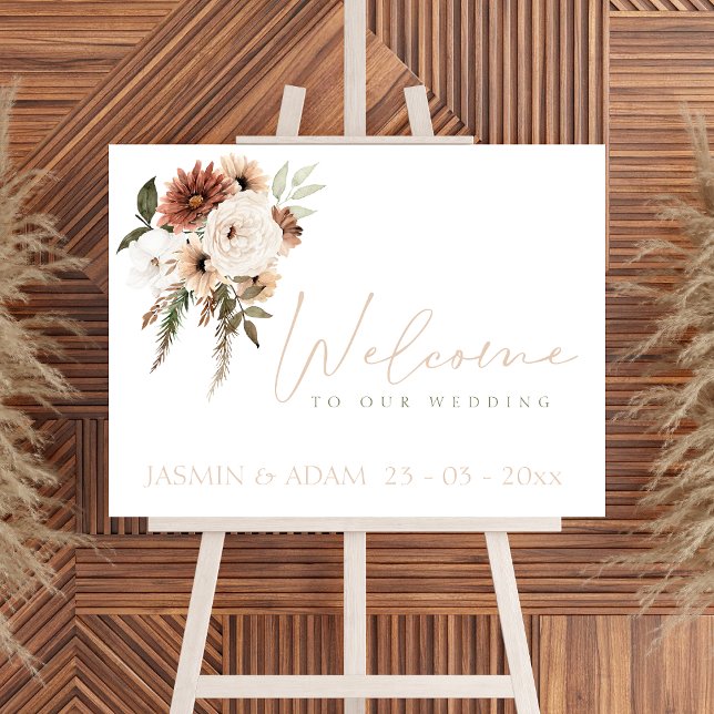 Poster Sinal de Boas-vindas ao Casamento Floral Verde Pea (Elegant Peach Green Floral Wedding Welcome Sign)