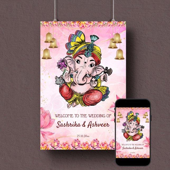 Poster Sinal de boas-vindas ao casamento indiano, Rosa Ga (Ganesha pink Indian wedding welcome sign poster template pink lotus flowers gold bells)