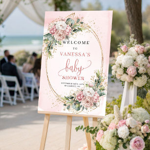 Poster Sinal de Boas-Vindas ao Chá de Bebê com Floral Ros