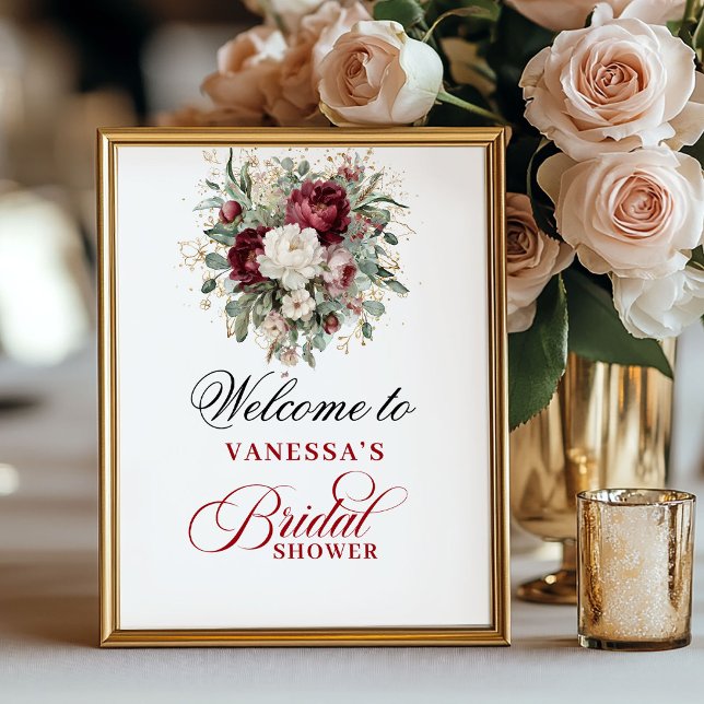Poster Sinal de Boas-Vindas ao Chá de Noiva Boho Blush Bu (Boho Blush Burgundy Bridal Shower Welcome Sign)