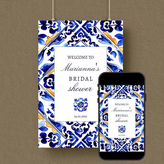 Poster Sinal de boas-vindas ao chá de panela azul Vietri (Amalfi Vietri blue tile bridal shower editable template welcome sign  digital download Mediterranean)