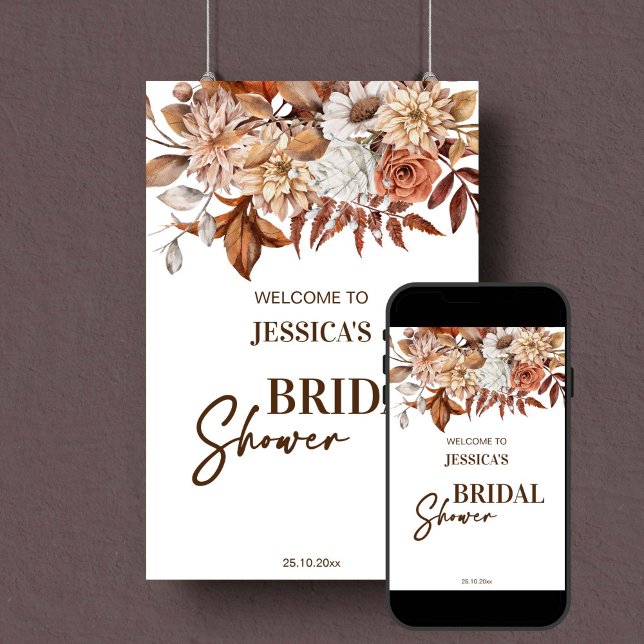 Poster Sinal de boas-vindas ao chá de panela do deserto t (Earthy boho bridal shower welcome sign poster instant download terracotta brown dried flowers fall)