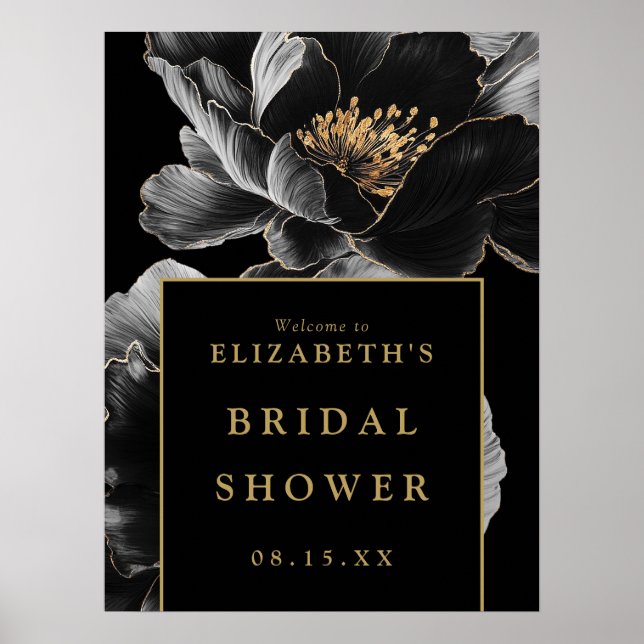 Poster Sinal de boas-vindas ao Chá de panela Floral Preto (Frente)