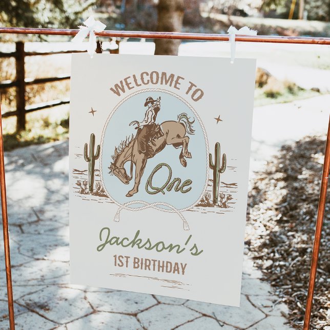 Pôster Sinal de boas-vindas ao primeiro aniversario Vinta (Buckaroo 1st Birthday Party Welcome Sign, Vintage Cowboy Birthday Welcome Poster, Western Wild West)