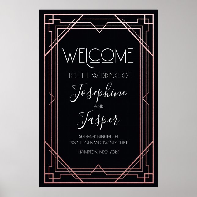 Poster Sinal de Boas-Vindas Art Déco Preto e Dourado Rosa (Frente)