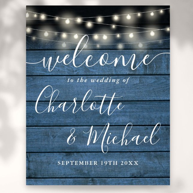 Poster Sinal de Boas-Vindas às Luzes Azuis do Casamento R (Blue String Lights Rustic Wedding Welcome Sign)