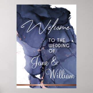 Poster Sinal de Boas-vindas - Azul Aquarela e Rosa Dourad