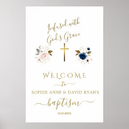 Poster Sinal de Boas-Vindas Batismo Gêmeos Flores Rosa Az