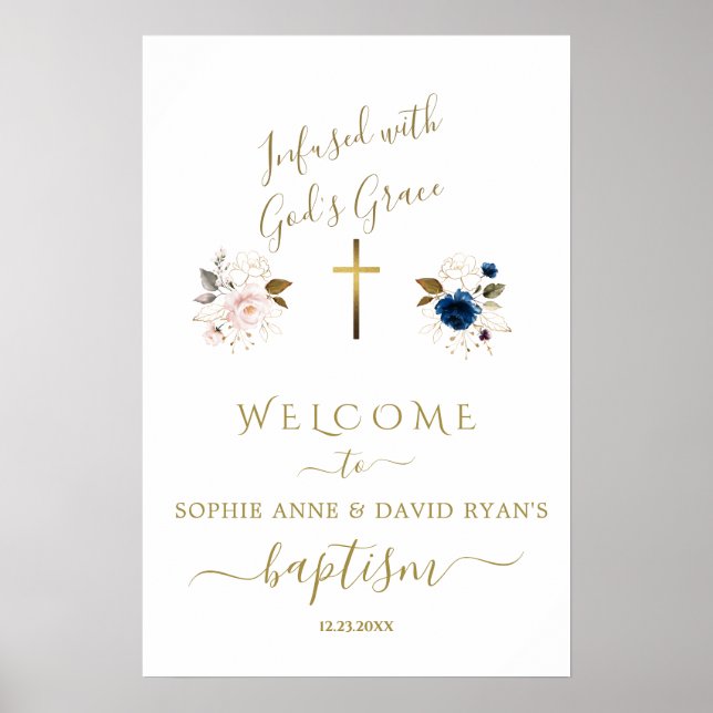 Poster Sinal de Boas-Vindas Batismo Gêmeos Flores Rosa Az (Frente)