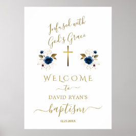 Poster Sinal de Boas-Vindas Batismo Menino Flores Azuis C