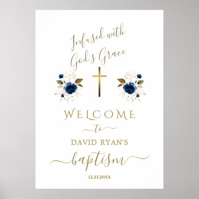 Poster Sinal de Boas-Vindas Batismo Menino Flores Azuis C (Frente)