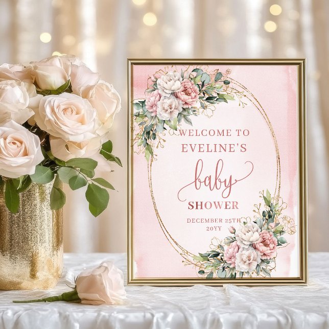 Poster Sinal de Boas-Vindas Bebê com Flores Rosa e Brilho (Blush Pink Flowers Gold Glitter Welcome Baby Sign)