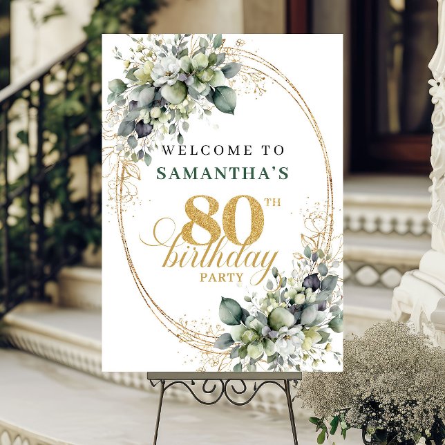 Poster Sinal de Boas-Vindas Boho 80º Aniversário Verde e  (Boho 80th Birthday Green and Gold Welcome Sign)